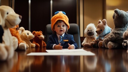 A small child CEO dressed in corporate attire, giving a 'presentation' in a conference room to a group of stuffed animals