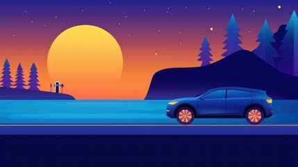 Naklejka premium Scenic highway background featuring zero emission vehicles a vibrant journey through nature at sunset