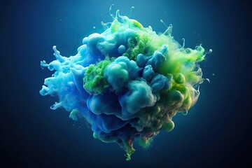 A large blue and green blob floating in the air against a dark blue background, glowing effect, peaceful ambiance