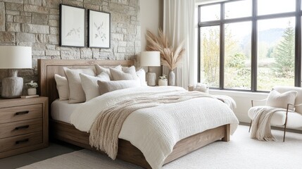 Modern Cozy Bedroom with Natural Elements and Soft Textiles