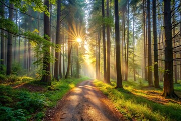 Fototapeta premium Stunning morning scene on forest path with light filtering through trees