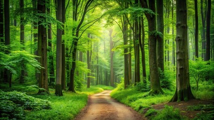 Fototapeta premium A lush green forest with tall trees and a winding path leading into the foliage, foliage, trailhead, arboreal landscape, leafy canopy