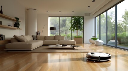 A modern home being cleaned by a robot vacuum and docking station