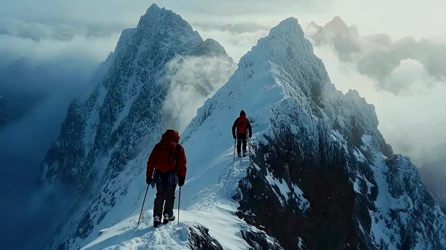 Climbers on snowy mountain ridge embrace thrill of winter adventure, surrounded by majestic peaks and clouds, perfect for outdoor hiking enthusiasts.