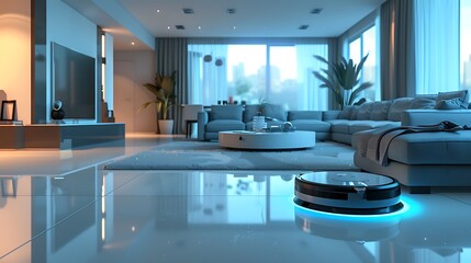 A modern home being cleaned by a robot vacuum and docking station