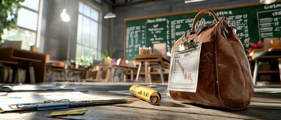 Stylish bag on the floor in a cozy classroom setting with educational background.