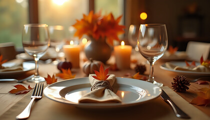 Fototapeta premium Elegant Thanksgiving table setting with autumn colors