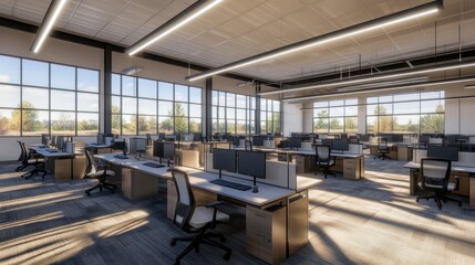 A spacious open office plan with rows of desks, modern lighting, and large windows allowing natural light to fill the room, fostering a collaborative atmosphere