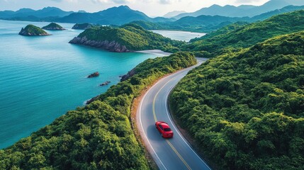 Red car driving along scenic coastal highway with tropical islands