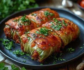Cabbage rolls stuffed with minced meat and rice in tomato sauce on black plate