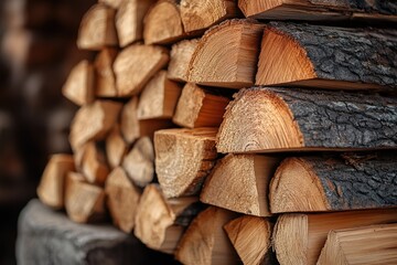 Fototapeta premium Stack of firewood logs resting on wooden floor inside house