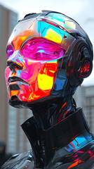 Fototapeta premium Female robot face, Artificial intelligence concept, humanoid head representing futuristic technology and artificial intelligence