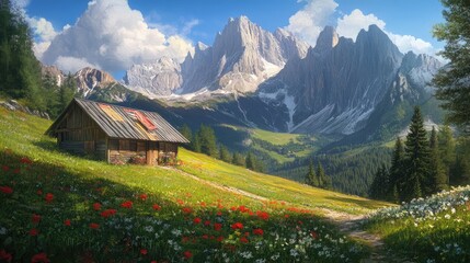 Fototapeta premium Serene Mountain Landscape with Rustic Cabin and Flowers