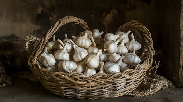 Fresh garlic bulbs arranged in a natural basket