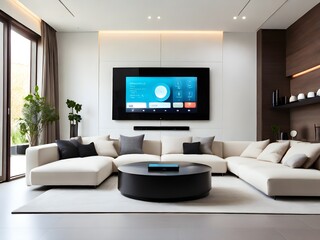 Futuristic Smart Home and Cutting-Edge Technology for Comfort and Security, Living room integrated with smart home technology.