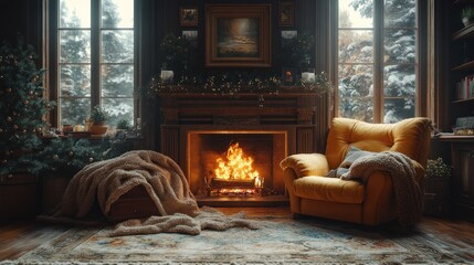 Cozy winter living room with a fireplace and festive decorations.