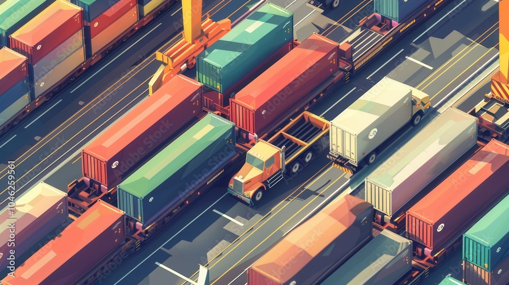 Fototapete Containers are being transferred from trucks to trains in a busy logistics center, showcasing efficient transportation methods. Generative AI