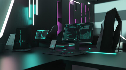 Futuristic city skyline with digital overlay, business technology hubs, data flow across the skyline, modern and sleek