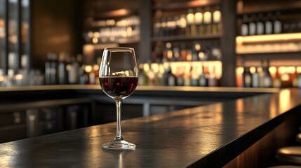Glass of wine is placed on the bar counter. empty glass cafe. Ultra realistic. Photorealistic