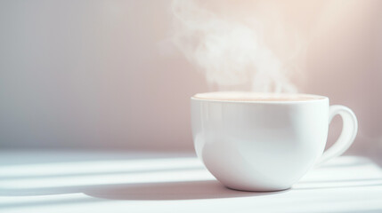 cup of coffee releases steam,placed on a white surface,with gentle morning light casting soft shadows and enhancing cozy ambiance,copy space