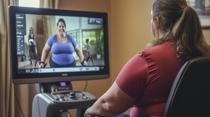 A virtual fitness program designed for obese individuals, with the instructor demonstrating seated and standing exercises on-screen