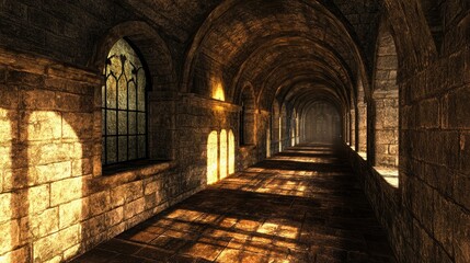 Fototapeta premium Serene Medieval Stone Archway with Sunlight Shadows