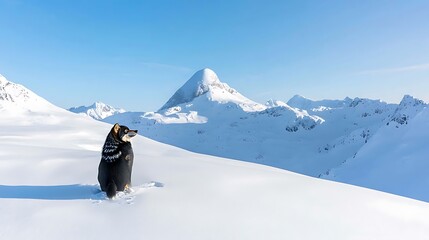 A lone wolf silhouetted against a snow-covered mountain range, with a sense of solitude and strength in its posture. The scene evokes a feeling of awe and wonder at the resilience of wildlife in