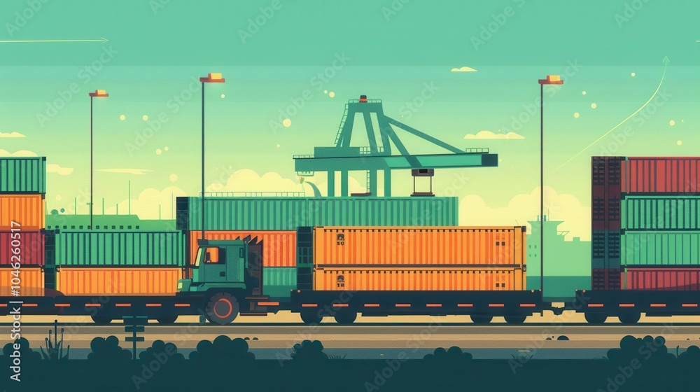 Fototapete Containers are loaded from a truck onto a train at a busy transport hub, showcasing the seamless connection of different transport methods. Generative AI