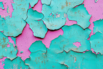 Turquoise peeling paint on pink wall background for colorful urban texture