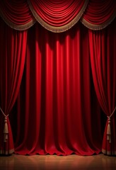 Cinematic Atmosphere: Luxurious Red Velvet Drapes with Gold Trim, Spotlight Effects, and Opulent Theater Decor for a Grand Experience 