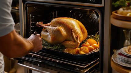 Golden Roasted Turkey in Oven with Fresh Ingredients