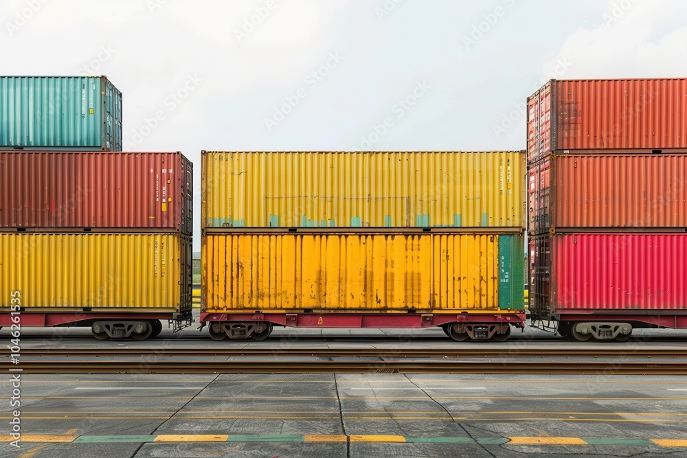 Poster a truck unloads colorful containers onto a train at a logistics center, showcasing efficient multi-m