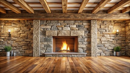 Front view of a natural stone wall with fireplace, wooden beams, and floors , interior design