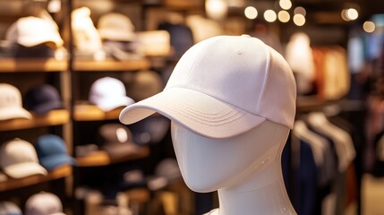 Obraz premium White baseball cap displayed on a mannequin head inside a retail clothing store with warm bokeh background lighting.