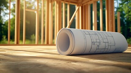 Inside the wooden framework of a house under construction, a large blueprint is rolled out on the floor. The design of the house&rsquo;s rooms is clearly visible, highlighting the alignment between the plan