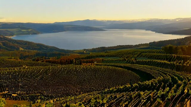 stunning vertical 4K video Naramata vineyards offers panoramic view rolling hills covered overlooking Okanagan Lake British Columbia Canada wine red raw food berry fruit nature season drink ripe
