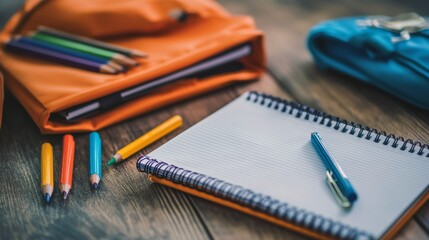 A detailed view of supplies neatly arranged on a desk notebooks pencils and a backpack nearby the essence of preparation for school day