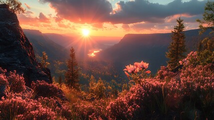 Naklejka premium A breathtaking sunset over a valley with a river, viewed from a mountain top with pink wildflowers in the foreground.