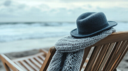 warm hat and knitted scarf are draped over a wooden beach chair,capturing essence of a chilly day by ocean with gentle waves rolling in,copy space