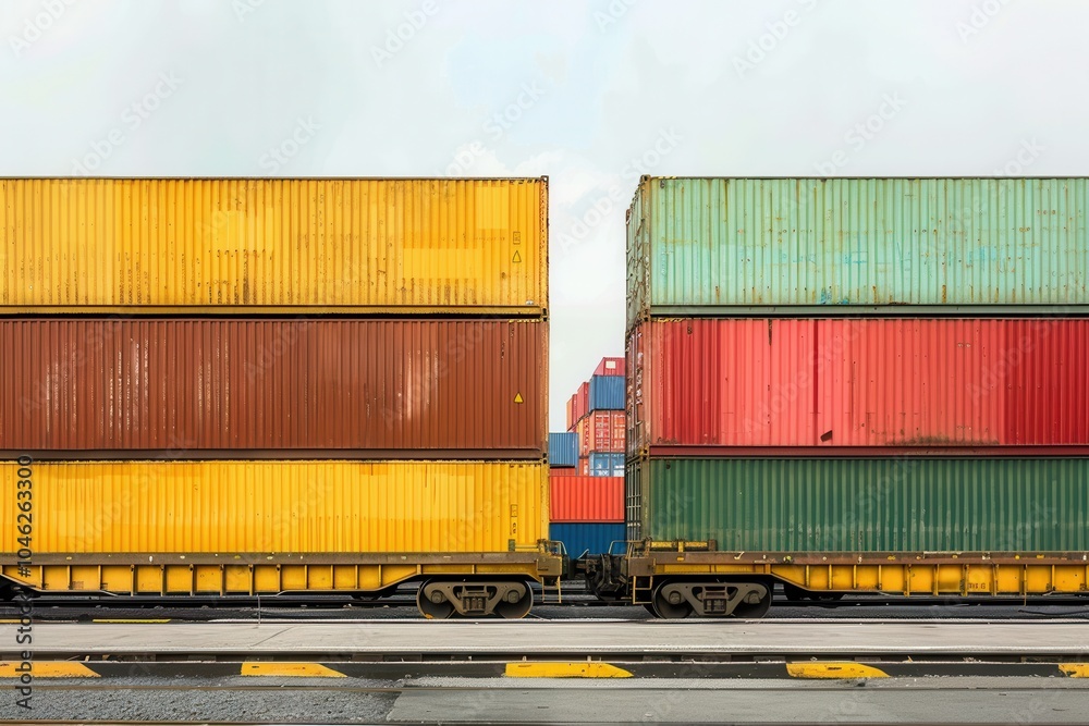Poster containers are being transferred from a truck to a train at a logistic center, illustrating seamless