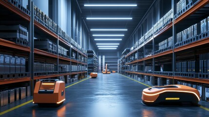 A futuristic warehouse with robotics automating inventory management and smart technology optimizing operations in real-time