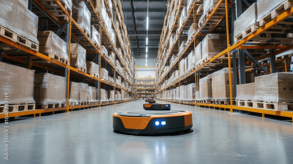 Aufkleber A futuristic warehouse with robotics automating inventory management and smart technology optimizing operations in real-time