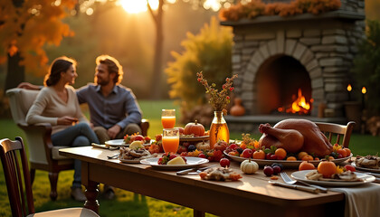  Outdoor Thanksgiving dinner with autumn trees and decor