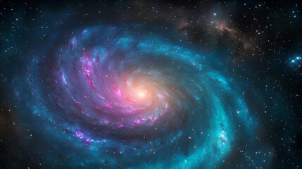 A vibrant spiral galaxy swirling with shades of blue, purple, and turquoise against a starry background in deep space