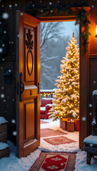 Christmas tree inside a snowy cabin seen from an open door