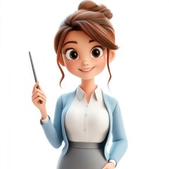 3D Cartoon Woman with Brown Hair in a Blue Blazer and White Shirt Holding a Pointer
