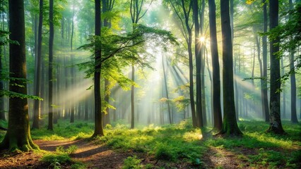 Obraz premium Dense foliage covering the ground with tall trees and a few sunlight peeks through the leaves in a misty forest atmosphere, forest, foliage, woodland, greenery