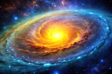 Obraz premium Distant galaxy with bright yellow and orange hues of hot gas and dense stars surrounded by a halo of icy blue and purple nebulae, cosmic dust, interstellar medium, star clusters