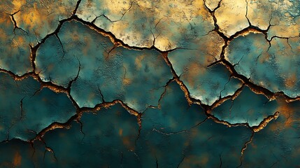 Obraz premium Close-up of cracked, dry, teal and gold surface.