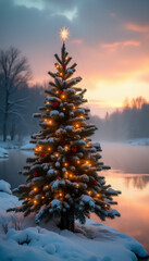 Christmas tree glowing in the snow at sunset